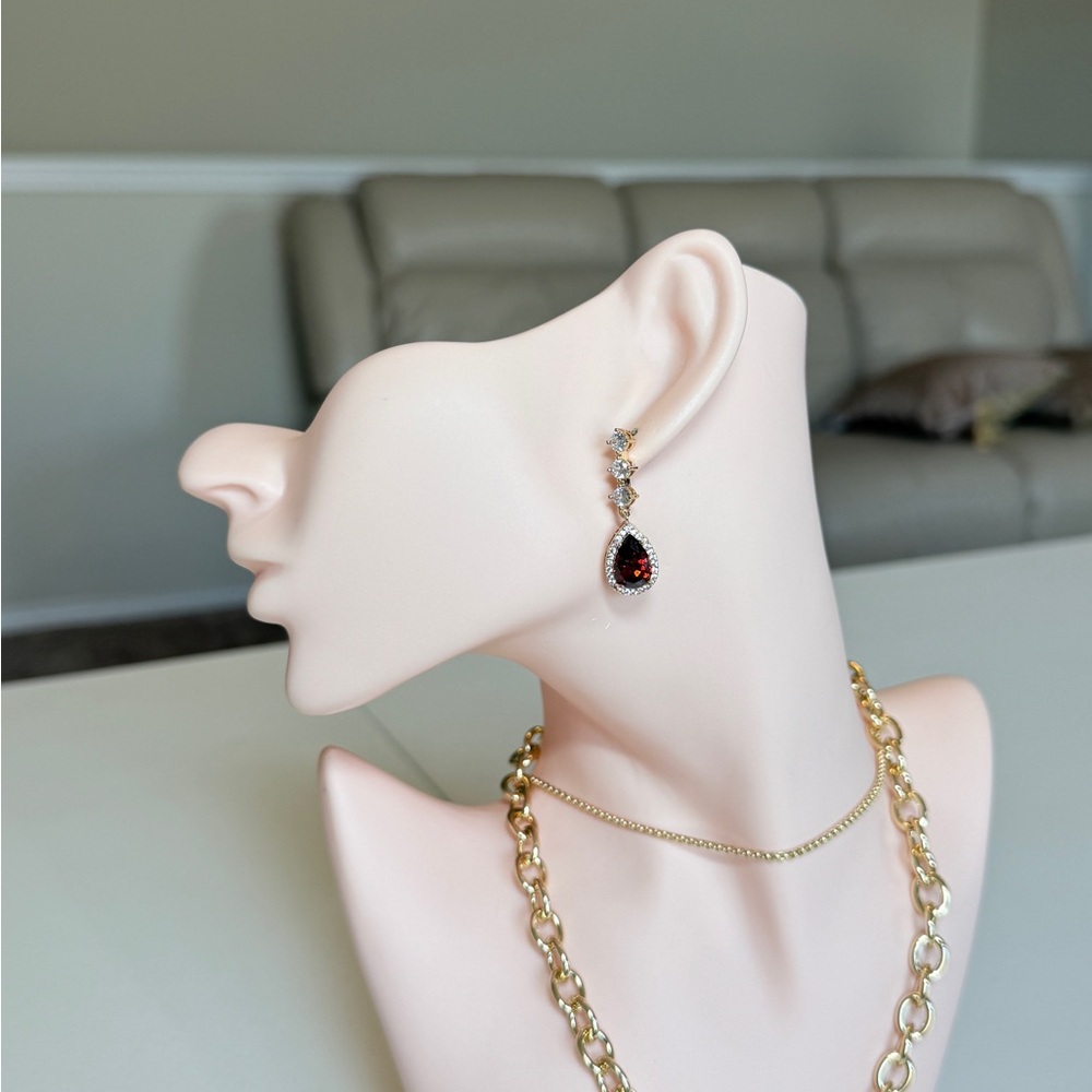 Elegant Gold Drop Earrings with Garnet Red Teardrop Zirconia - Picture 8 of 15